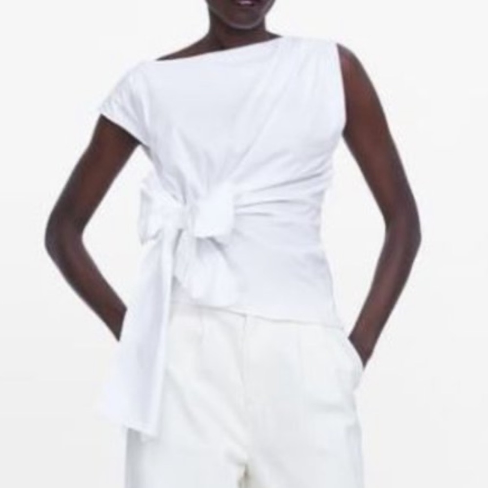 Zara Poplin Top with Bow White Size Small